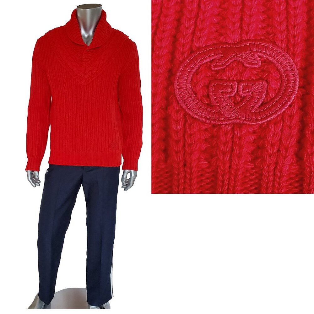 GUCCI MENS SWEATER RED CABLE KNIT WOOL SHAWL NECKLINE w G LOGO sz XL EXTRA LARGE